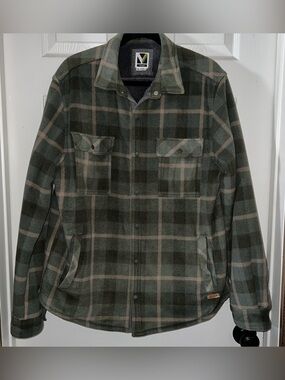 Voyager Olive Green & Tan Plaid Sherpa Snap Button Down Jacket Men’s Size Large
